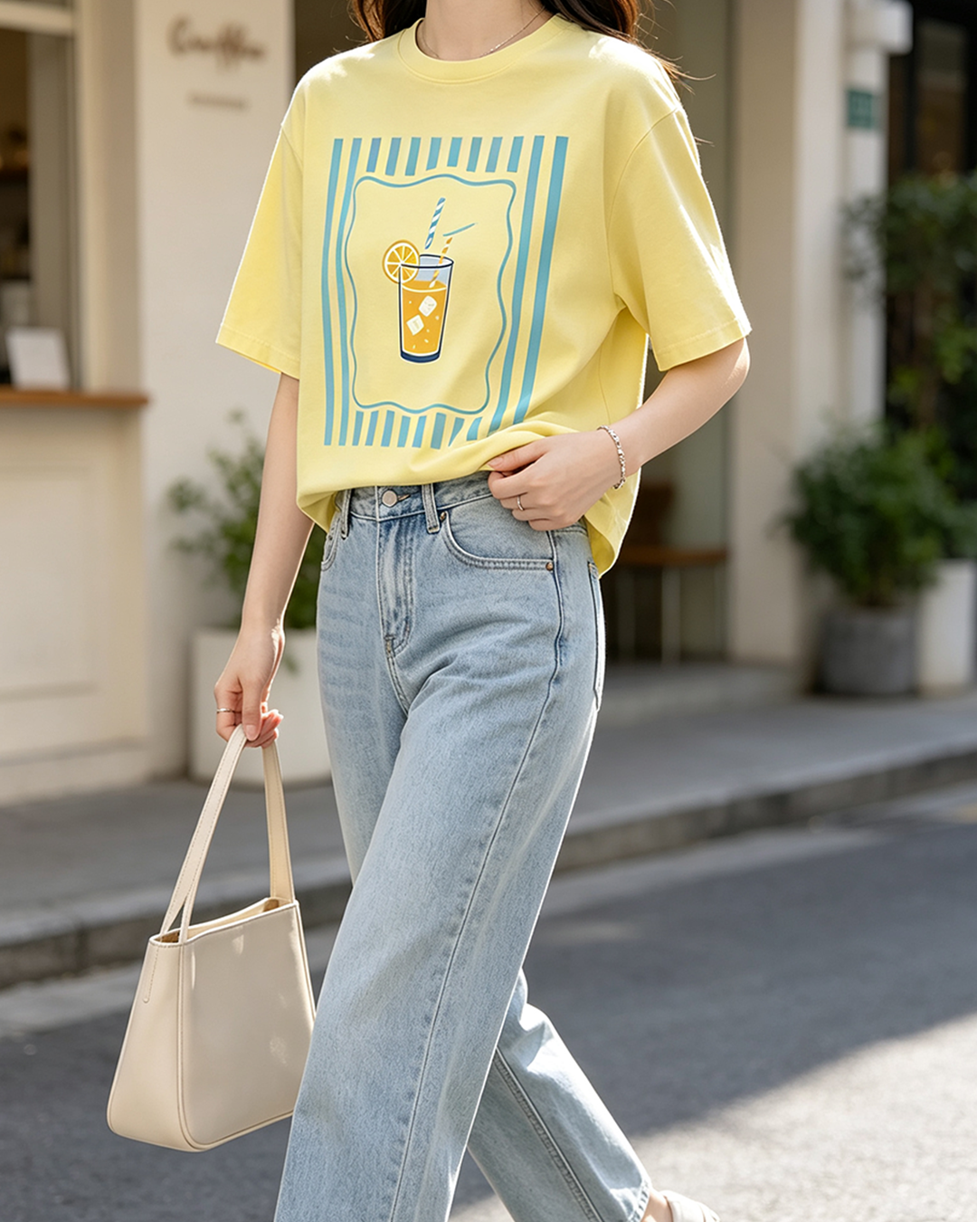 Women's Cute Lemon Drink Graphic T-Shirt, Crew Neck Short Sleeve Casual Cropped Summer Top in Light Yellow