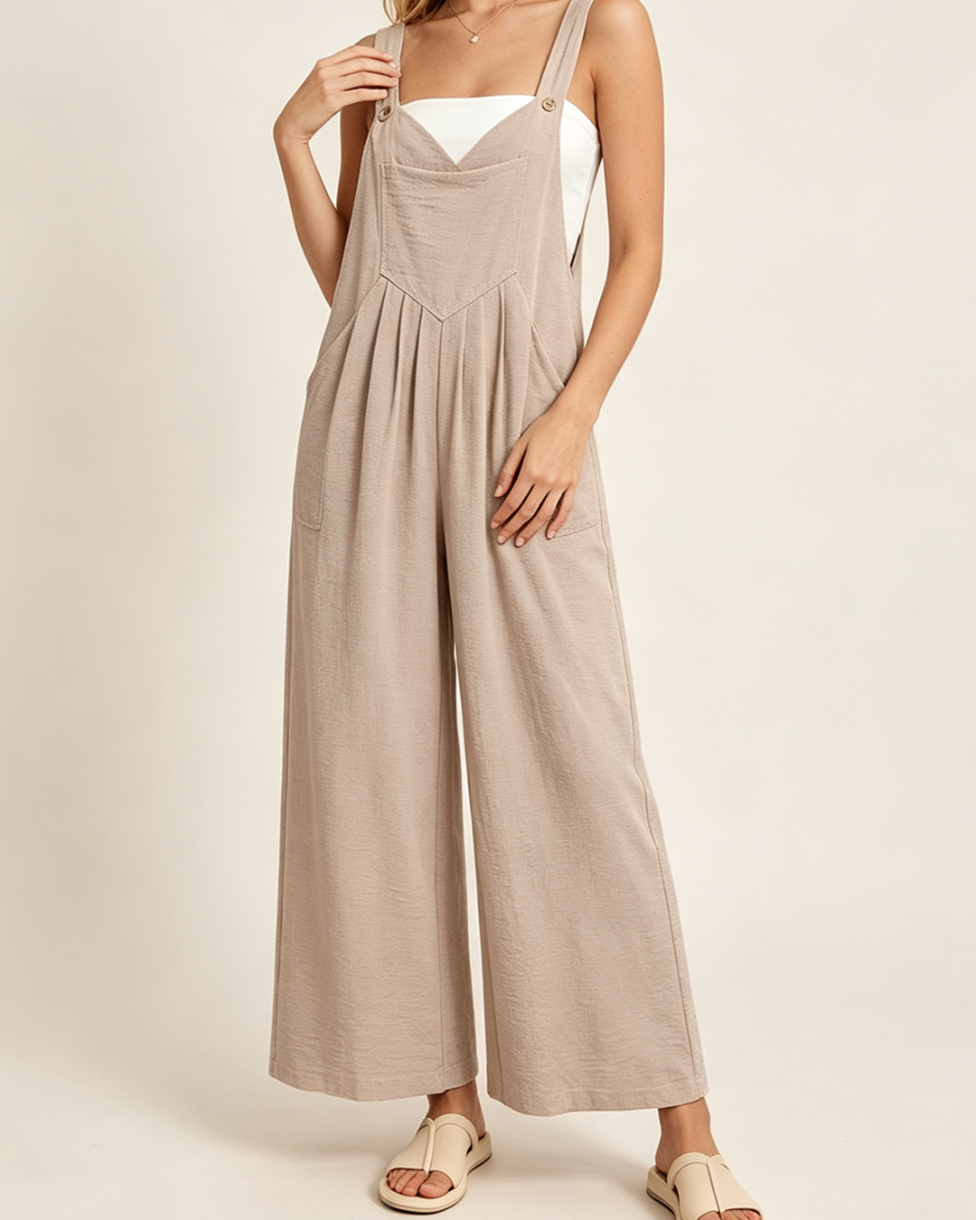 Women's Summer Boho Wide Leg Overalls Jumpsuit, Adjustable Strap Loose Casual Bib Pants with Side Pockets in Light Khaki