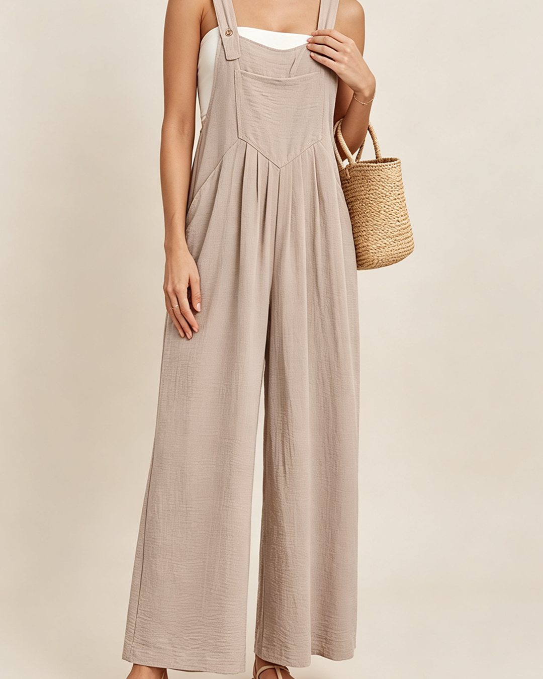 Women's Summer Boho Wide Leg Overalls Jumpsuit, Adjustable Strap Loose Casual Bib Pants with Side Pockets in Light Khaki